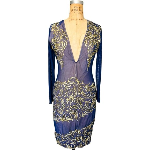 HOLT Maison De Luxe Hand Painting Navy & Gold Mini Embroidered Dress Size L - Picture 1 of 8